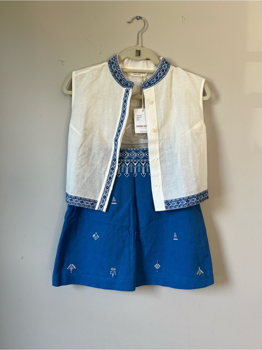 Emporio Sirenuse White Linen Top with Matching Skirt with Blue Embroidered Trim